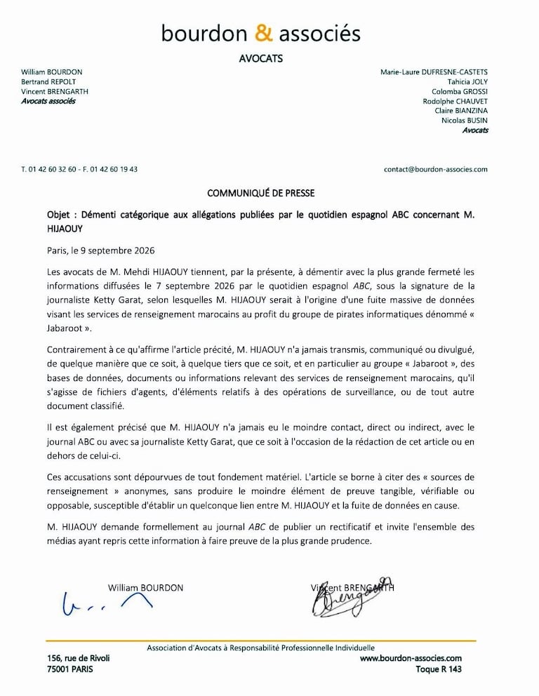 Le communiqué du cabinet d'avocats de Mehdi Hijaouy.